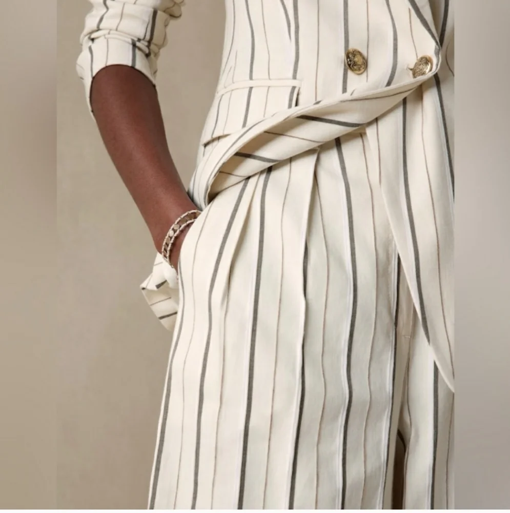 Banana Republic Wide Leg Linen Blend Cream Striped Trousers Size 10p